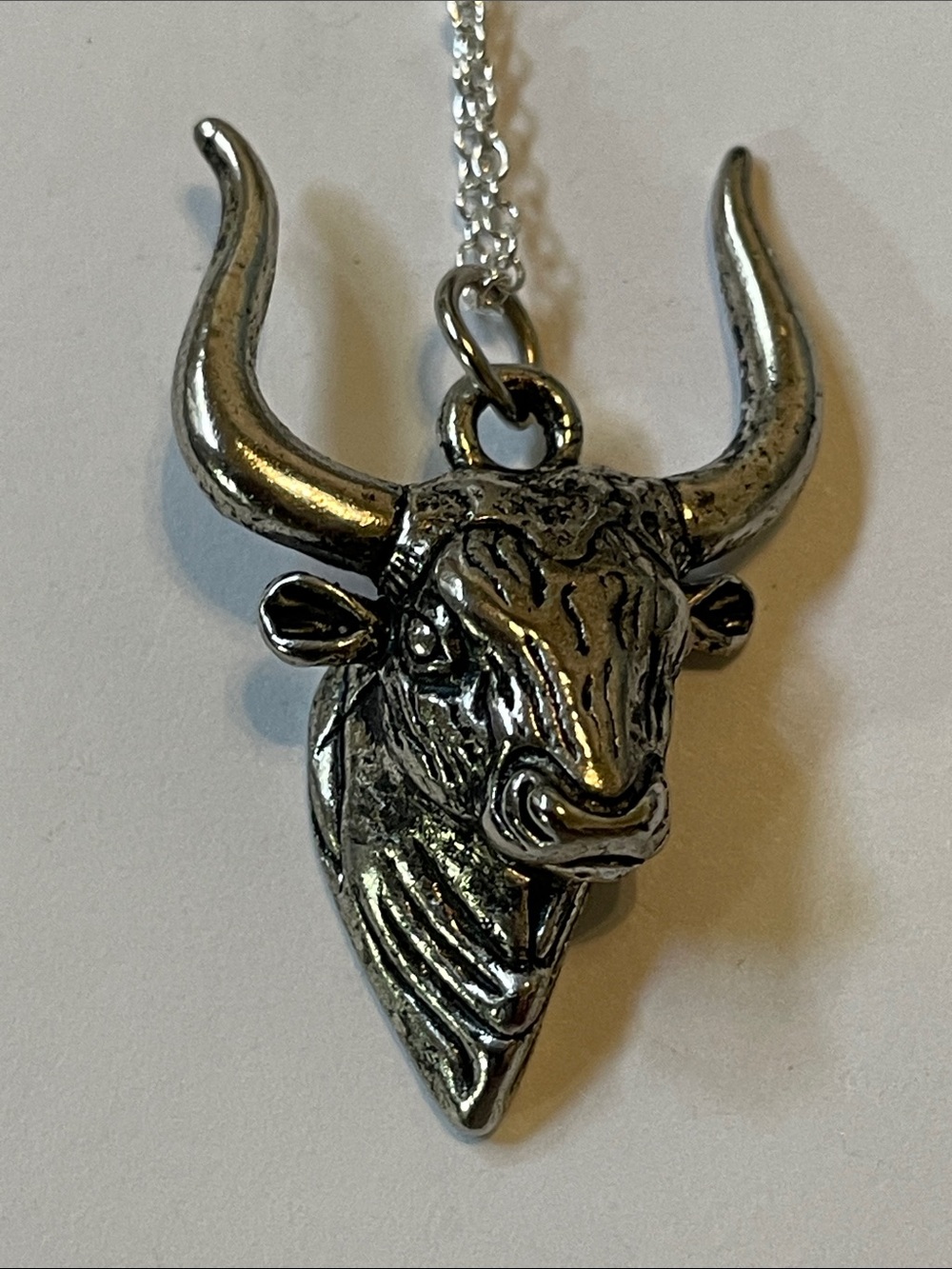Pewter 3-D Bull Head Pendant Necklace